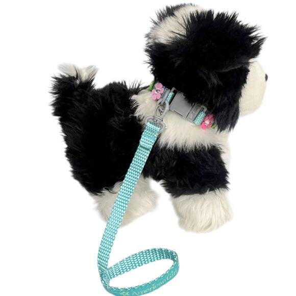 American Girl Sheep Dog Pet Plush Flower Collar Leash Black White Faux Fur Puppy - Picture 3 of 13